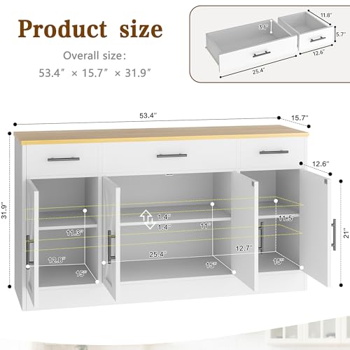 Buffet Cabinet with Storage, Farmhouse Coffee Bar Cabinet with Drawers, 53” Large Modern Sideboard Buffet with Adjustable Shelves for Kitchen, Dining Room, White