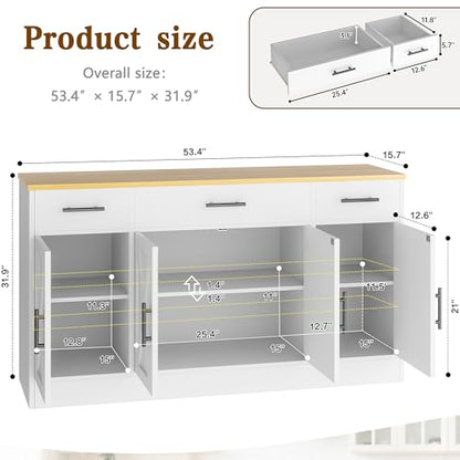 Buffet Cabinet with Storage, Farmhouse Coffee Bar Cabinet with Drawers, 53” Large Modern Sideboard Buffet with Adjustable Shelves for Kitchen, Dining Room, White
