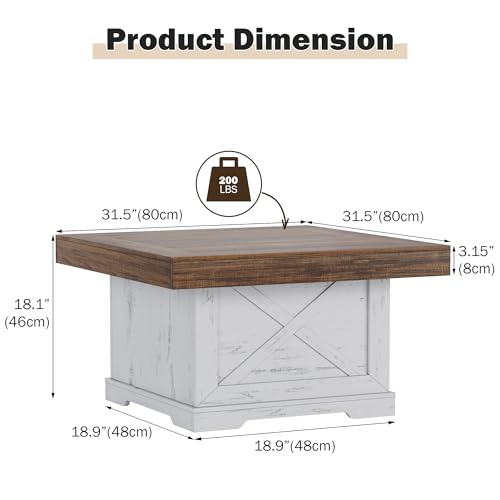 31.5 in Farmhouse Coffee Table for Living Room with X-Design, Square | Rustic Center Table, Small Space, Wooden Pedestal, Home Office Tea Accent Table for Apartment, Easy Assembly, Antique White