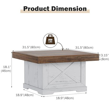 31.5 in Farmhouse Coffee Table for Living Room with X-Design, Square | Rustic Center Table, Small Space, Wooden Pedestal, Home Office Tea Accent Table for Apartment, Easy Assembly, Antique White