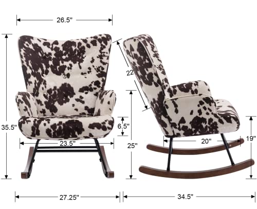 Nursery Rocking Chair Fabric Upholstered Rocker Chair Tufted Wingback Accent Chair with Wooden Base Modern Comfy Lounge Armchair for Bedroom Living Room, Cow