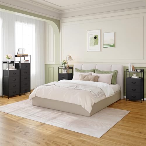Tall Dresser for Bedroom, 5 Drawers Nightstand Vertical Storage Tower Unit, Night Stand Furniture with Fabric Drawer Organizer in Bedside Hallway, Entryway, Kids Room, Closet, Black