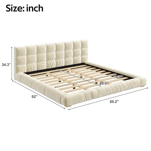 JIVOIT King Size Upholstered Platform Bed, Velvet Headboard Bed Base, Wood Slat (Beige-King-33)