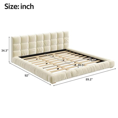 JIVOIT King Size Upholstered Platform Bed, Velvet Headboard Bed Base, Wood Slat (Beige-King-33)