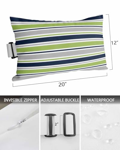 Pack of 2 Outdoor Lumbar Pillow Covers 12x20 Inch, Green Gray Striped Waterproof Throw Pillow Covers Set, Farmhouse Stripes Modern Abstract Art Outside Decorative Cushion Cases for Patio Porch Car