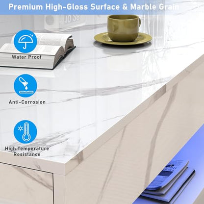 47.2" Large High-Glossy LED Coffee Table with 2 Sliding Drawers, Living Room Storage Coffee Tables with Marbling Print, Modern Stylish Double-Layer Center Tables w/LED Lights, White