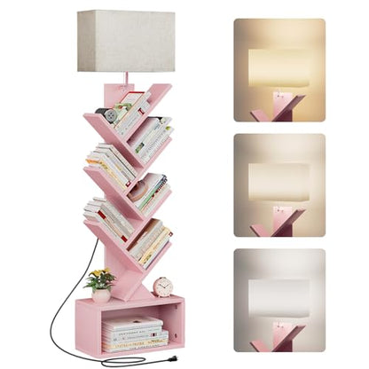 6 Tier Tree Bookshelf with Light, Narrow Bookcase Tower, Tall Floor Standing Book Shelf Organizer with Storage Cabinet for Living Room, Bedroom and Home Office, Pink