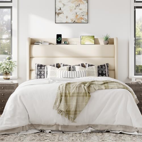 Queen Size Upholstered Bed Frame with Charging Station, Cream, view 4