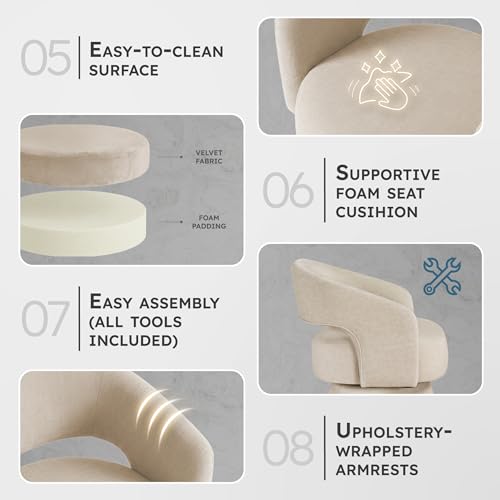 360 Degree Swivel Accent Chair, Modern Comfy Velvet Round Barrel Chair, Open Back, Plush Foam Cushions, Metal Swivel Base for Living Room/Bedroom/Office/Small Spaces, Taupe