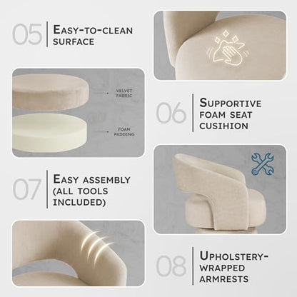 360 Degree Swivel Accent Chair, Modern Comfy Velvet Round Barrel Chair, Open Back, Plush Foam Cushions, Metal Swivel Base for Living Room/Bedroom/Office/Small Spaces, Taupe