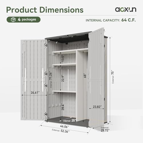 Outdoor Resin Storage Shed with Metal Shelving Kit & Floor, 64 Cu.Ft Vertical Waterproof Storage Cabinet for Garage, Pool, Bike, Garden Tools, Patio Furniture (White)