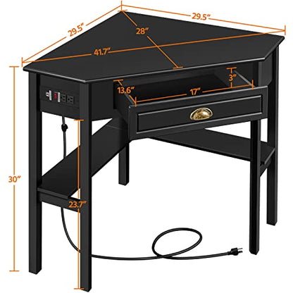Yaheetech L Shaped Computer Desk Corner Table with Charging Station Outlets for Small Space, 90 Degree Triangle Desk Home Office Table with Drawer and Storage Shelf for Workstation, Living Room, Black