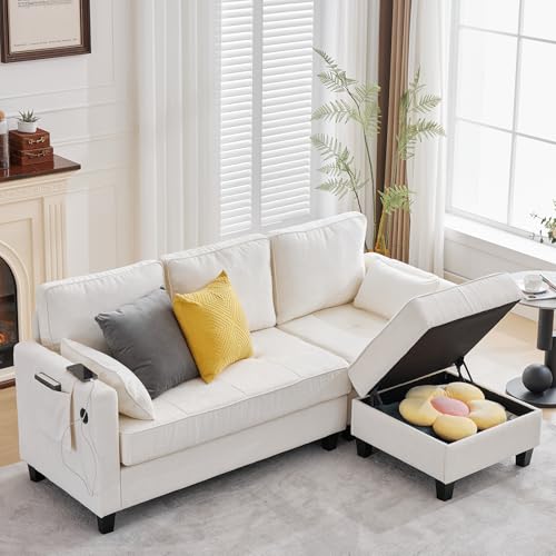 Small Sectional Couches with Storage, 80" L Shaped Sectional Couch with Chaise & Ottoman, Modular Corduroy Chenille Sofa with USB Ports&Pocket for Living Room Apartment Office (Chenille White)