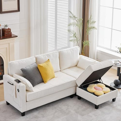Small Sectional Couches with Storage, 80" L Shaped Sectional Couch with Chaise & Ottoman, Modular Corduroy Chenille Sofa with USB Ports&Pocket for Living Room Apartment Office (Chenille White)