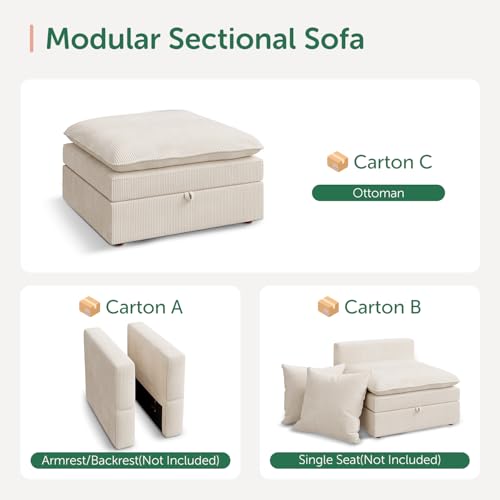 Corduroy Ottoman, 31.5 Inch Square Ottoman Bench with Storage for Living Room, Beige