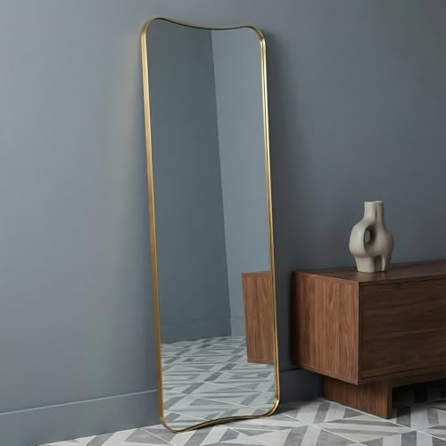 Full Length Mirror 21" x 64", Gold Decorative Full Body Mirror with Stainless Steel Thin Frame, Italian Curved Edge Design, Wall Mount or Leaning for Bedroom, Cloakroom, Living Room