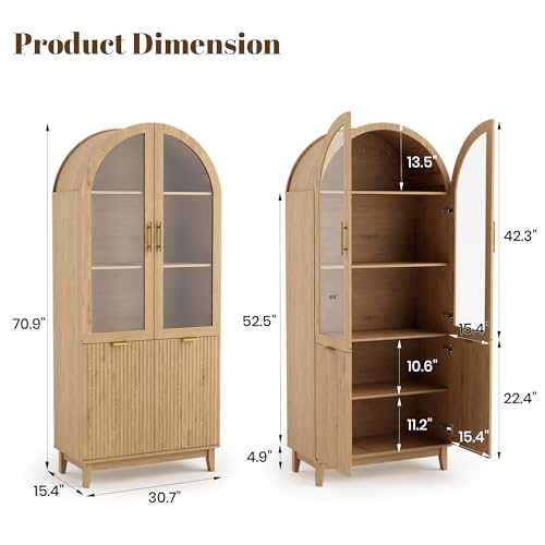 71" Tall Arched Cabinet with Glass Doors, Fluted Kitchen Pantry Cabinet, view 3