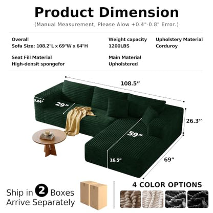107" Sectional Boneless Couches for Living Room.Deep Seat Corduroy L Shaped Modular Sofa.Cloud Sectional Sofa.Upholstered Couches with Oversized Chaise(Green,Right Chaise)