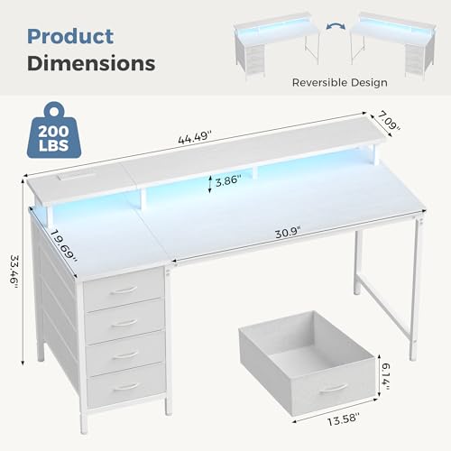 47 Inch Computer Desk with 4 Drawers,4 Drawer Gaming Desk with Power Outlets and LED Lights,Office Desk for Small Spaces with Monitor Shelf,Writing Desk for Home Office,Bedroom, Study,White