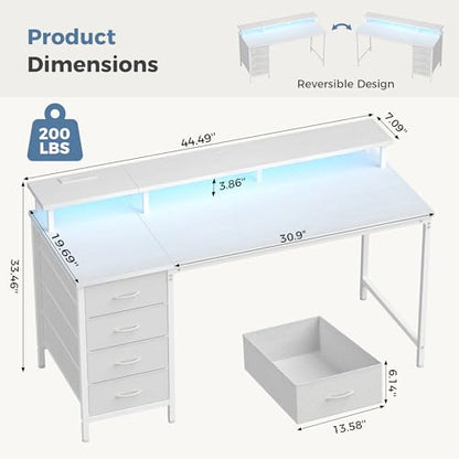 47 Inch Computer Desk with 4 Drawers,4 Drawer Gaming Desk with Power Outlets and LED Lights,Office Desk for Small Spaces with Monitor Shelf,Writing Desk for Home Office,Bedroom, Study,White