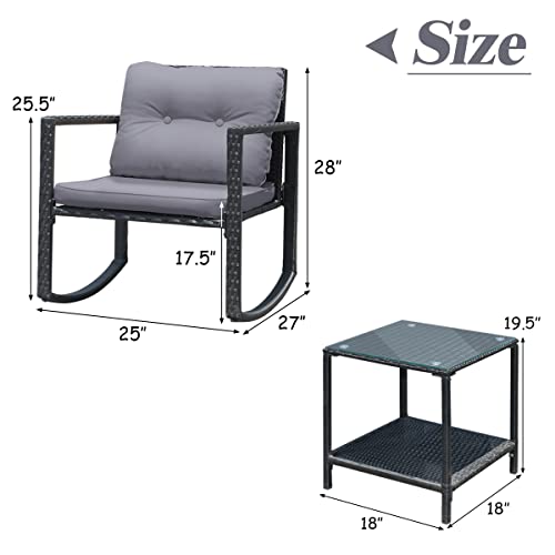 3 Pieces Patio Wicker Rocking Bistro Set, Outdoor Rocking Chair Furniture Set w/Cushioned Seat, Conversation Set w/Glass Coffee Table and Storage Shelf (Gray)