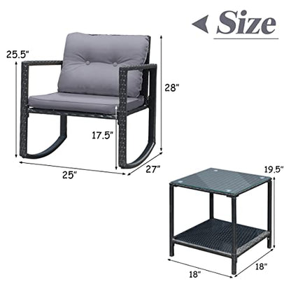 3 Pieces Patio Wicker Rocking Bistro Set, Outdoor Rocking Chair Furniture Set w/Cushioned Seat, Conversation Set w/Glass Coffee Table and Storage Shelf (Gray)