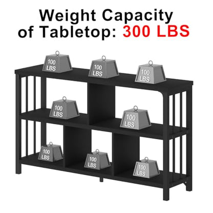 Horizontal Cube Book shelf, Industrial Modern Open Bookshelf, Low Wide Home 5 Cube Storage Organizer Long Shelf for Bedroom, Short Wood and Metal Cubby Book Shelf for Living Room, Black Oak, 47 In