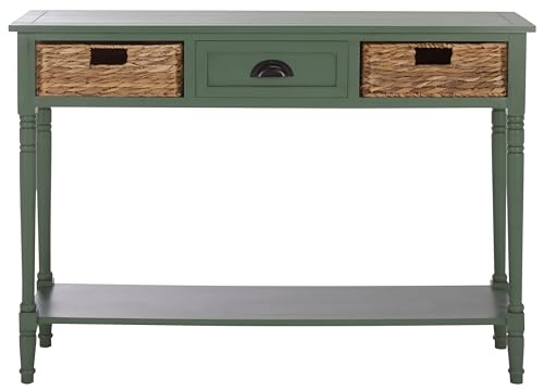 SAFAVIEH Home Collection - Christa Entryway Console Table, Dusty Green Solid Wood 3-Drawer Storage Sofa Table with Rattan Baskets (AMH5737J)