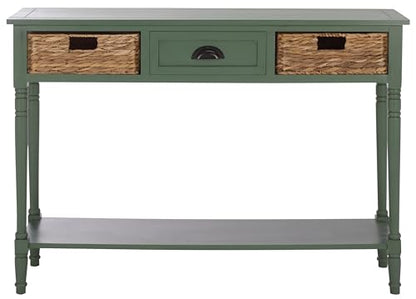 SAFAVIEH Home Collection - Christa Entryway Console Table, Dusty Green Solid Wood 3-Drawer Storage Sofa Table with Rattan Baskets (AMH5737J)