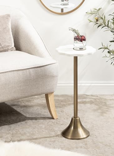 Sanzo Modern Pedestal Drink Table; 10 x 10 x 23; Antique Brass and White; Decorative End Table with Scalloped Marble Tabletop for Use as Small Plant Stand or Cute Martini Table