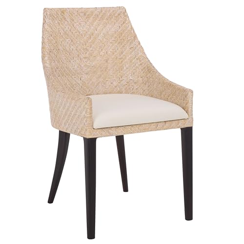 SAFAVIEH Home Collection – Riko White Washed Rattan Arm Chair with Ivory Seat Cushion, Modern Curved Silhouette, Fully Assembled (ACH4906A)