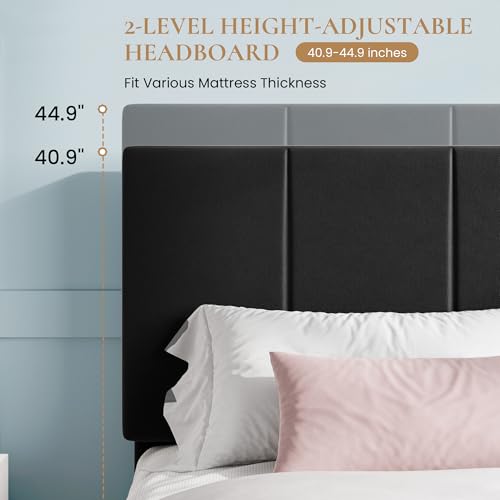 Queen Size Bed Frame, Velvet Upholstered Platform Bed, Black, view 6