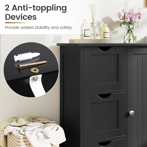 Bathroom Floor Cabinet, Wooden Storage Cabinet with 1 Door & 3 Drawer, Free Standing Entryway Cupboard, Space Saver Cabinet