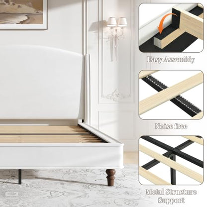 Queen Bed Frame, 52" Elegant Wingback Headboard, Beige, view 8