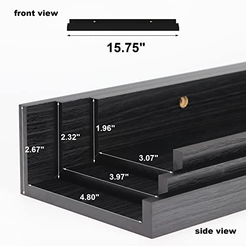 16 Inch Black Floating Shelves for Wall Mount, Woodgrain Wall Shelf Ledge for Bathroom Bedroom Kitchen Living Room Office Storage, Set of 3 Different Sizes