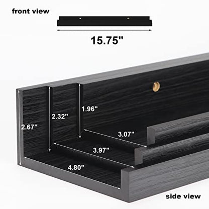 16 Inch Black Floating Shelves for Wall Mount, Woodgrain Wall Shelf Ledge for Bathroom Bedroom Kitchen Living Room Office Storage, Set of 3 Different Sizes