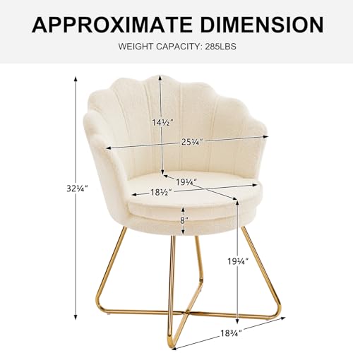 Vanity Chair with Back, Shell Accent Chair for Living Room, Criss Cross Chair with Gold Legs, Makeup Chair for Bedroom Desk Chair no Wheels, Faux Fur White