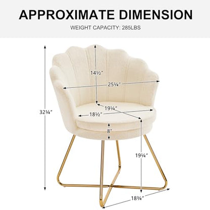 Vanity Chair with Back, Shell Accent Chair for Living Room, Criss Cross Chair with Gold Legs, Makeup Chair for Bedroom Desk Chair no Wheels, Faux Fur White