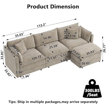 Modular Sectional Sofa Modern Convertible L Shaped Couch,112.2 Inch Deep 3-Seater Sofas Set Comfy Chenille Cloud Sofas and Couches with Movable Ottoman for Living Room Apartment（Camel）