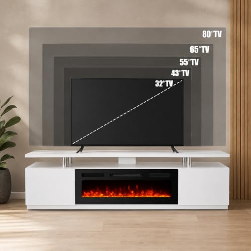 70"Electric FireplaceTV Stand,Double Layer Storage Shelves,white, view 4