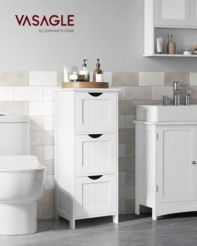 VASAGLE Floor Storage Cabinet, Freestanding Storage Unit with 3 Drawers, 11.8 x 12.6 x 31.9 Inches, for Bathroom, Living Room, Kitchen, Modern Style, Matte White UBBC050WH01S