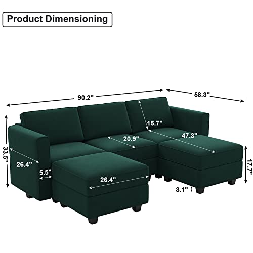 Modular Sectional Sofa with Double Chaise Velvet U Shaped Sofa Reversible Sectional Couch with Storage Green