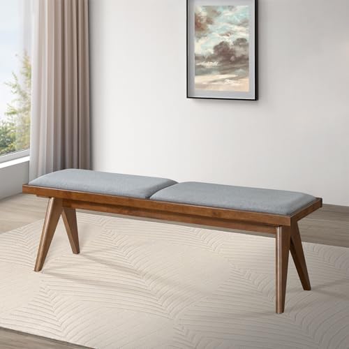 Solid Wood Bench with Grey Fabric Upholstery and Walnut Colored Legs, 51.18 x 14.17 inches