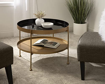 Nira Modern Round Two Tier Coffee Table; 26 Inch Diameter; Black and Gold; Decorative Glam Coffee Table for Storage and Display
