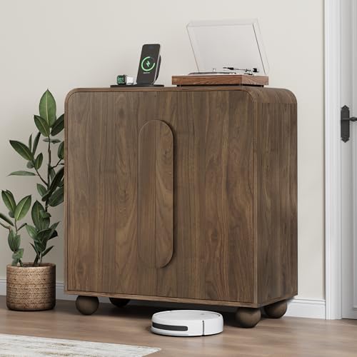 Walnut Sideboard Cabinet, Freestanding Buffet Cabinet with Spherical Feet, Wood Storage Cabinet with Adjustable Shelf for Living Room, Entryway, Hallway