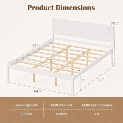 Queen Size Bed Frame, Farmhouse Wooden Platform Bed with Headboard, view 3