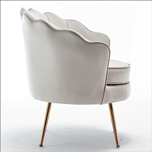 Velvet Barrel Accent Chair with Scalloped Silhouette and Gold Metal Legs, Decorative Piece Suitable for Traditional, Modern, and Contemporary Spaces, Ivory