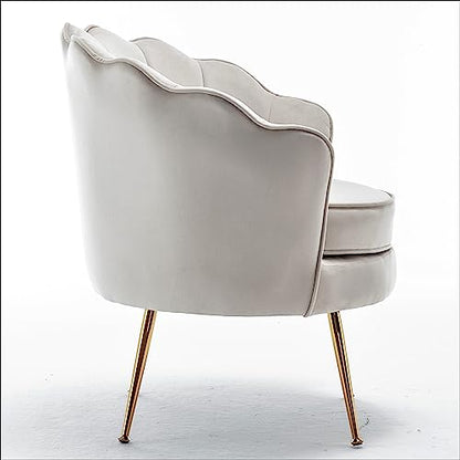 Velvet Barrel Accent Chair with Scalloped Silhouette and Gold Metal Legs, Decorative Piece Suitable for Traditional, Modern, and Contemporary Spaces, Ivory