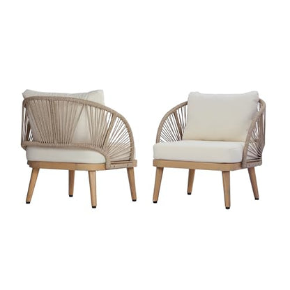 Lydia Set of 2 Boho Patio Furniture Acacia Wood Club Chairs, Outdoor Lounge Chairs, Modern Tub Accent Chairs/Arm Chairs with Rope Woven and Removable Cushions, Natural+Beige