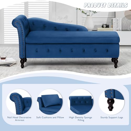 Velvet Chaise Lounge w/Left Armrest & Storage Space, Blue, view 5